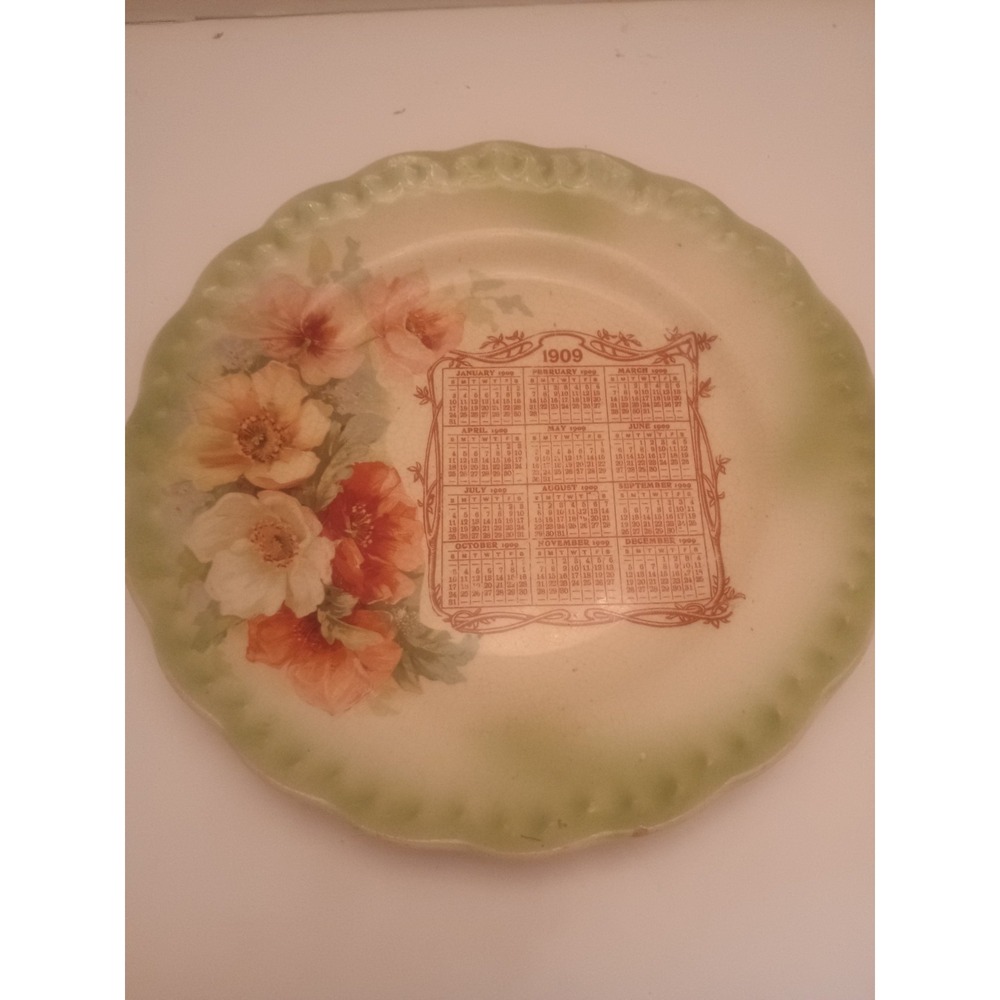 1909 Antique Calendar Plate With Flowers By Carnation 8.5"